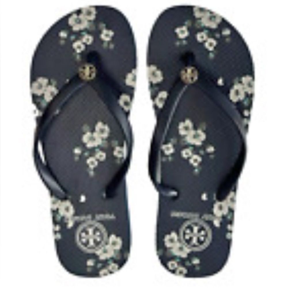 Tory Burch Navy Floral Thin Flip Flops